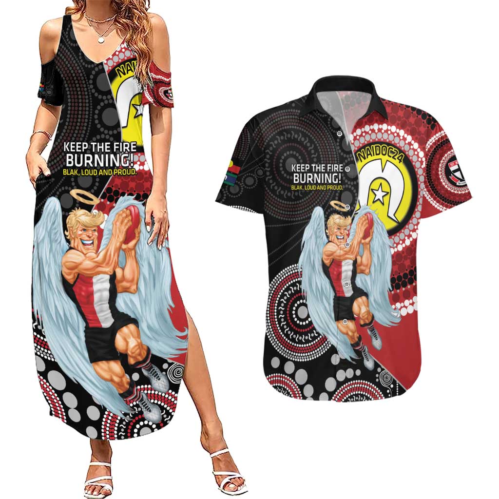 Custom AFL St Kilda NAIDOC Week Couples Matching Summer Maxi Dress and Hawaiian Shirt Keep The Fire Burning Indigenous Art