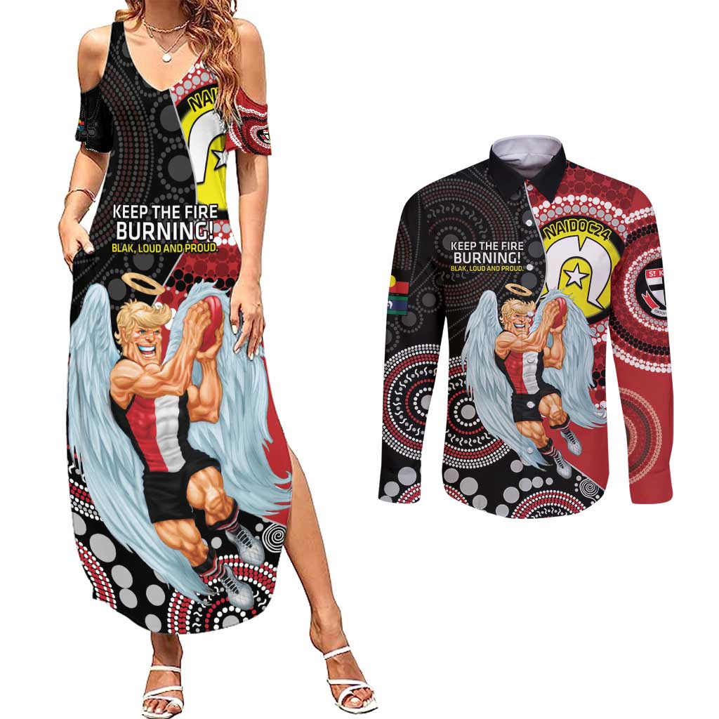 Custom AFL St Kilda NAIDOC Week Couples Matching Summer Maxi Dress and Long Sleeve Button Shirt Keep The Fire Burning Indigenous Art