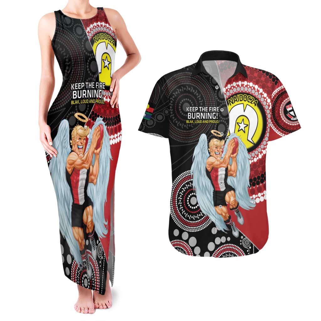 Custom AFL St Kilda NAIDOC Week Couples Matching Tank Maxi Dress and Hawaiian Shirt Keep The Fire Burning Indigenous Art