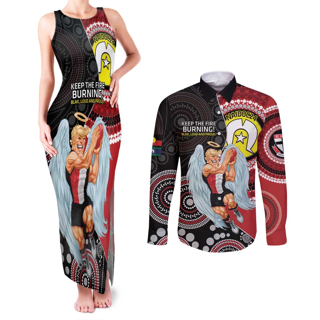 Custom AFL St Kilda NAIDOC Week Couples Matching Tank Maxi Dress and Long Sleeve Button Shirt Keep The Fire Burning Indigenous Art