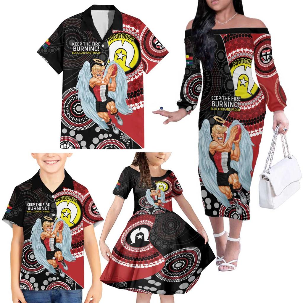 Custom AFL St Kilda NAIDOC Week Family Matching Off The Shoulder Long Sleeve Dress and Hawaiian Shirt Keep The Fire Burning Indigenous Art