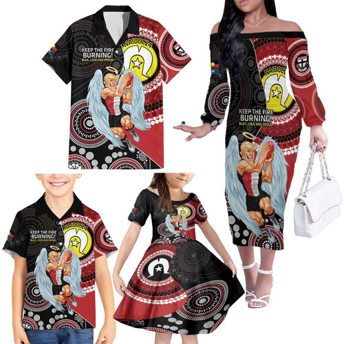 Custom AFL St Kilda NAIDOC Week Family Matching Off The Shoulder Long Sleeve Dress and Hawaiian Shirt Keep The Fire Burning Indigenous Art