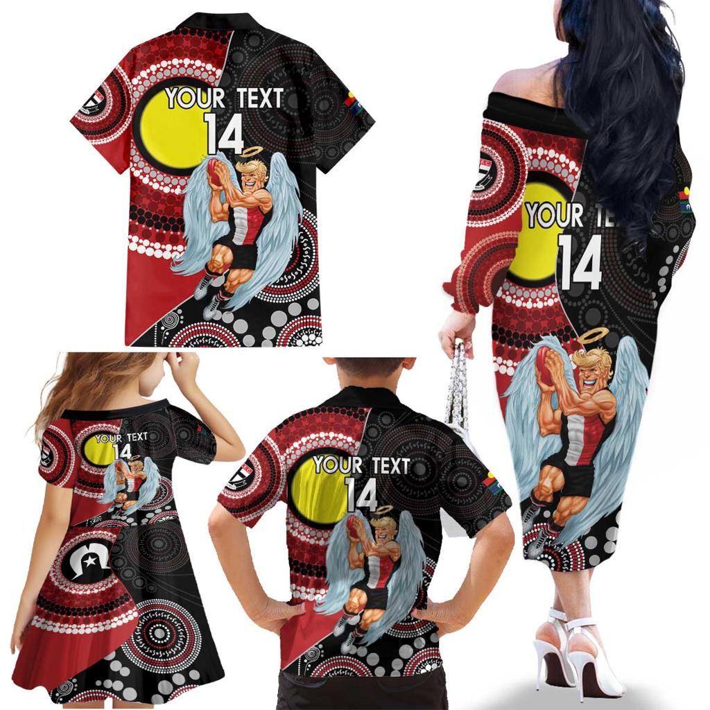 Custom AFL St Kilda NAIDOC Week Family Matching Off The Shoulder Long Sleeve Dress and Hawaiian Shirt Keep The Fire Burning Indigenous Art