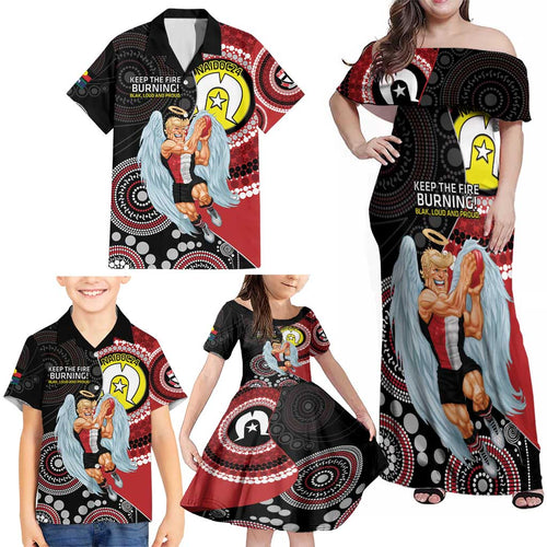 Custom AFL St Kilda NAIDOC Week Family Matching Off Shoulder Maxi Dress and Hawaiian Shirt Keep The Fire Burning Indigenous Art