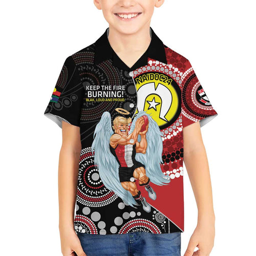 Custom AFL St Kilda NAIDOC Week Family Matching Off Shoulder Maxi Dress and Hawaiian Shirt Keep The Fire Burning Indigenous Art