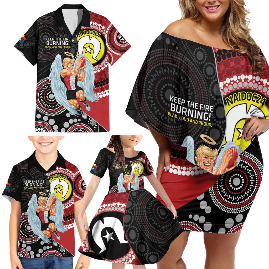 Custom AFL St Kilda NAIDOC Week Family Matching Off Shoulder Short Dress and Hawaiian Shirt Keep The Fire Burning Indigenous Art