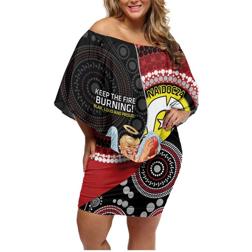 Custom AFL St Kilda NAIDOC Week Family Matching Off Shoulder Short Dress and Hawaiian Shirt Keep The Fire Burning Indigenous Art