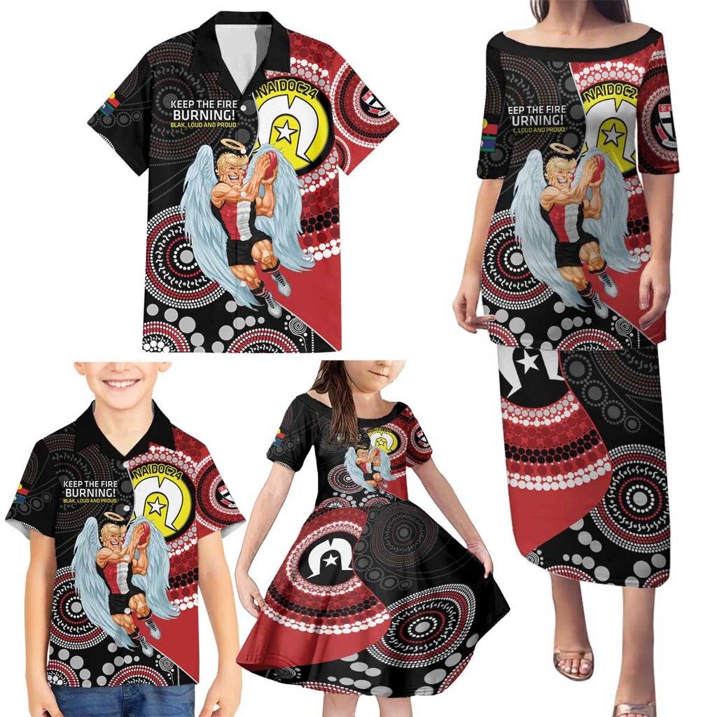 Custom AFL St Kilda NAIDOC Week Family Matching Puletasi and Hawaiian Shirt Keep The Fire Burning Indigenous Art