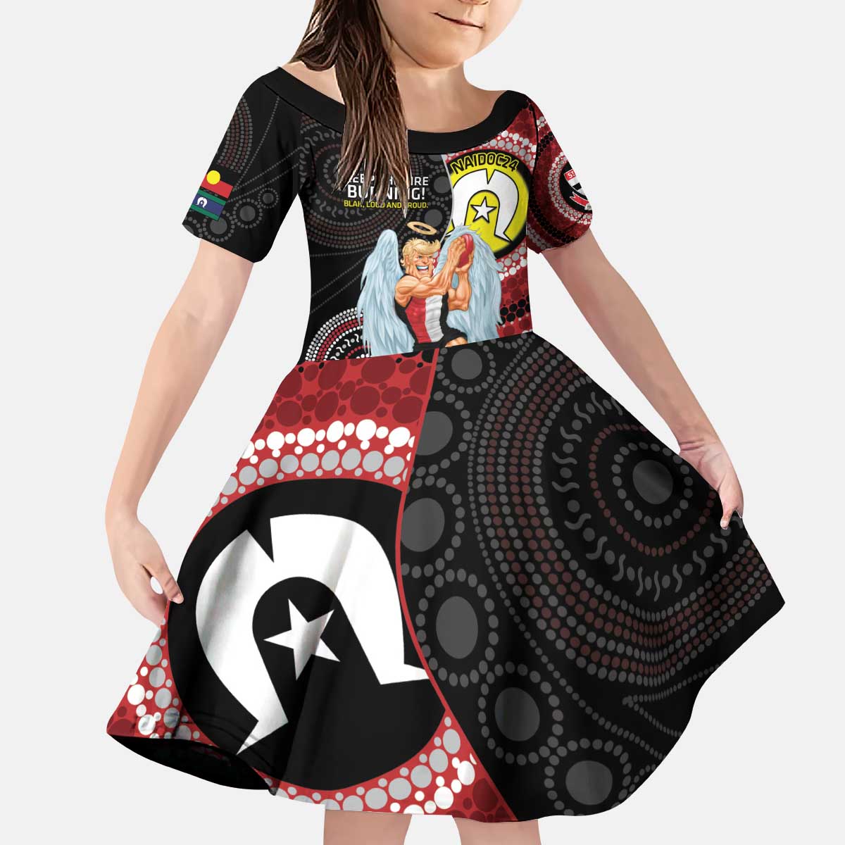 Custom AFL St Kilda NAIDOC Week Kid Short Sleeve Dress Keep The Fire Burning Indigenous Art