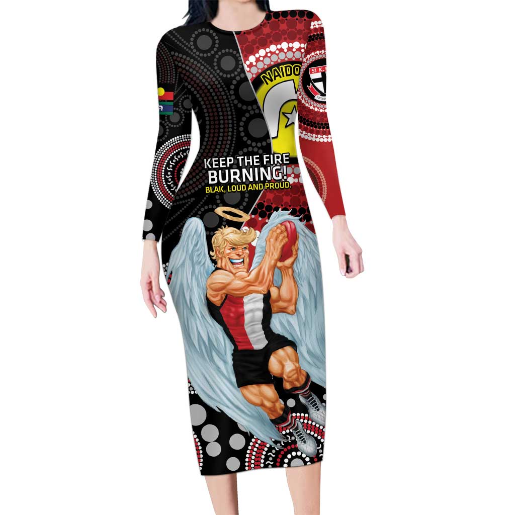 Custom AFL St Kilda NAIDOC Week Long Sleeve Bodycon Dress Keep The Fire Burning Indigenous Art
