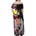 Custom AFL St Kilda NAIDOC Week Off Shoulder Maxi Dress Keep The Fire Burning Indigenous Art