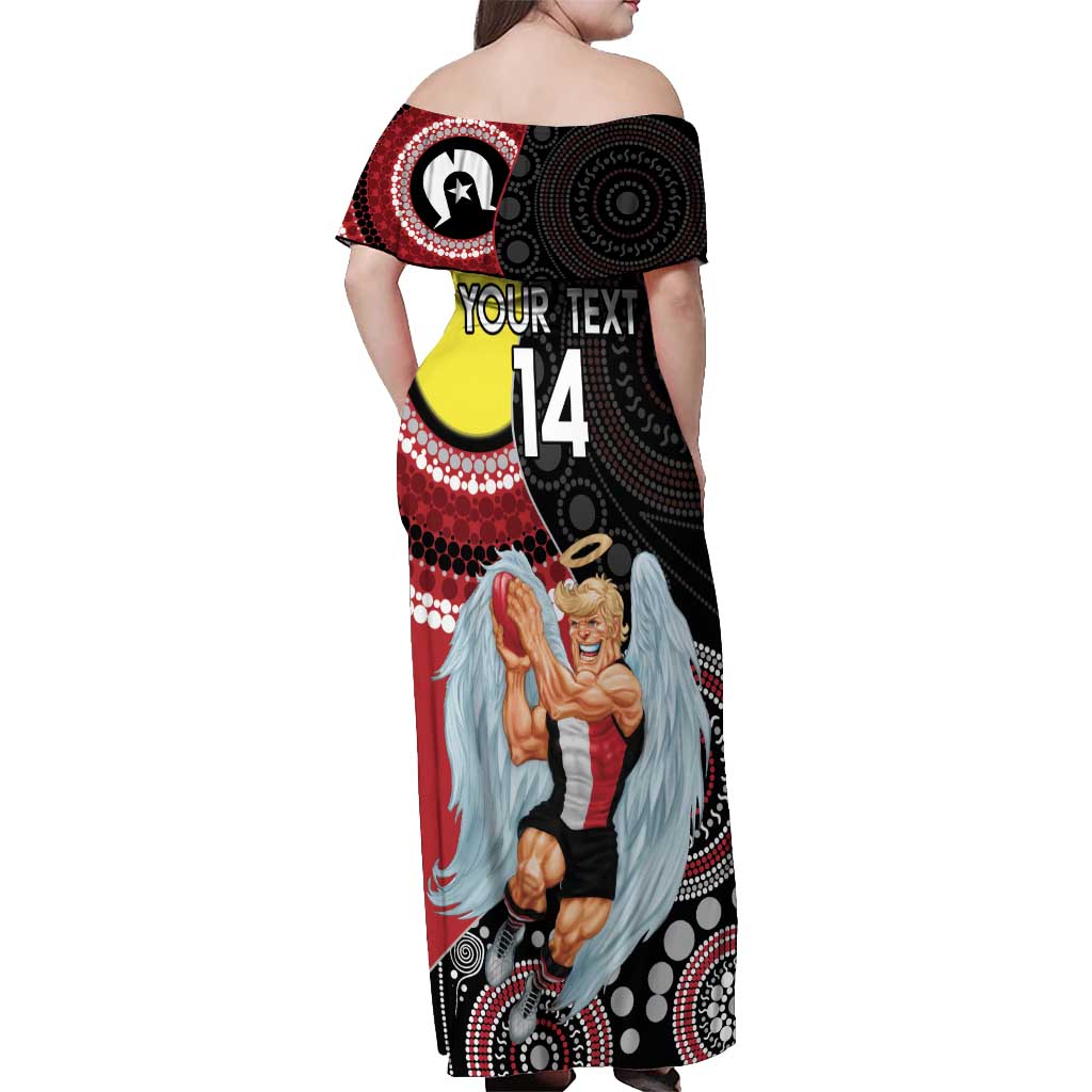 Custom AFL St Kilda NAIDOC Week Off Shoulder Maxi Dress Keep The Fire Burning Indigenous Art