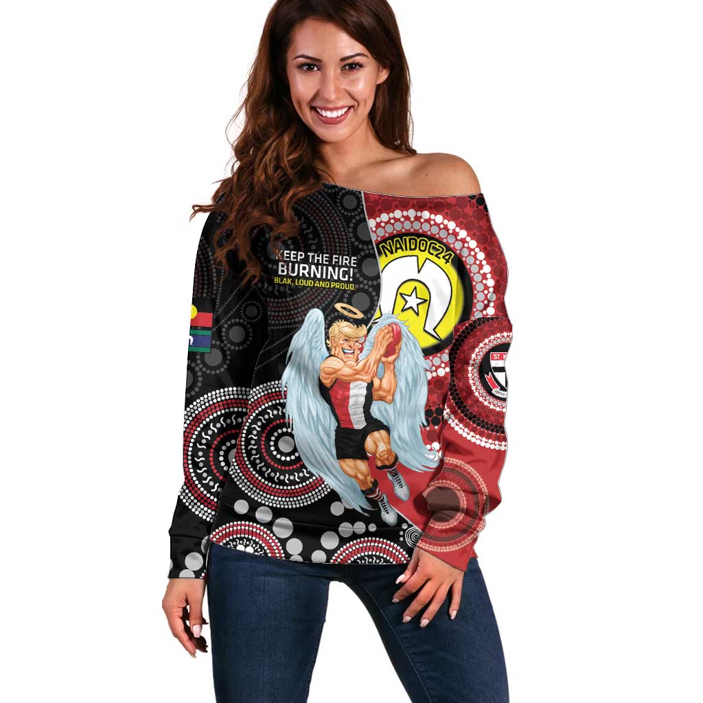 Custom AFL St Kilda NAIDOC Week Off Shoulder Sweater Keep The Fire Burning Indigenous Art