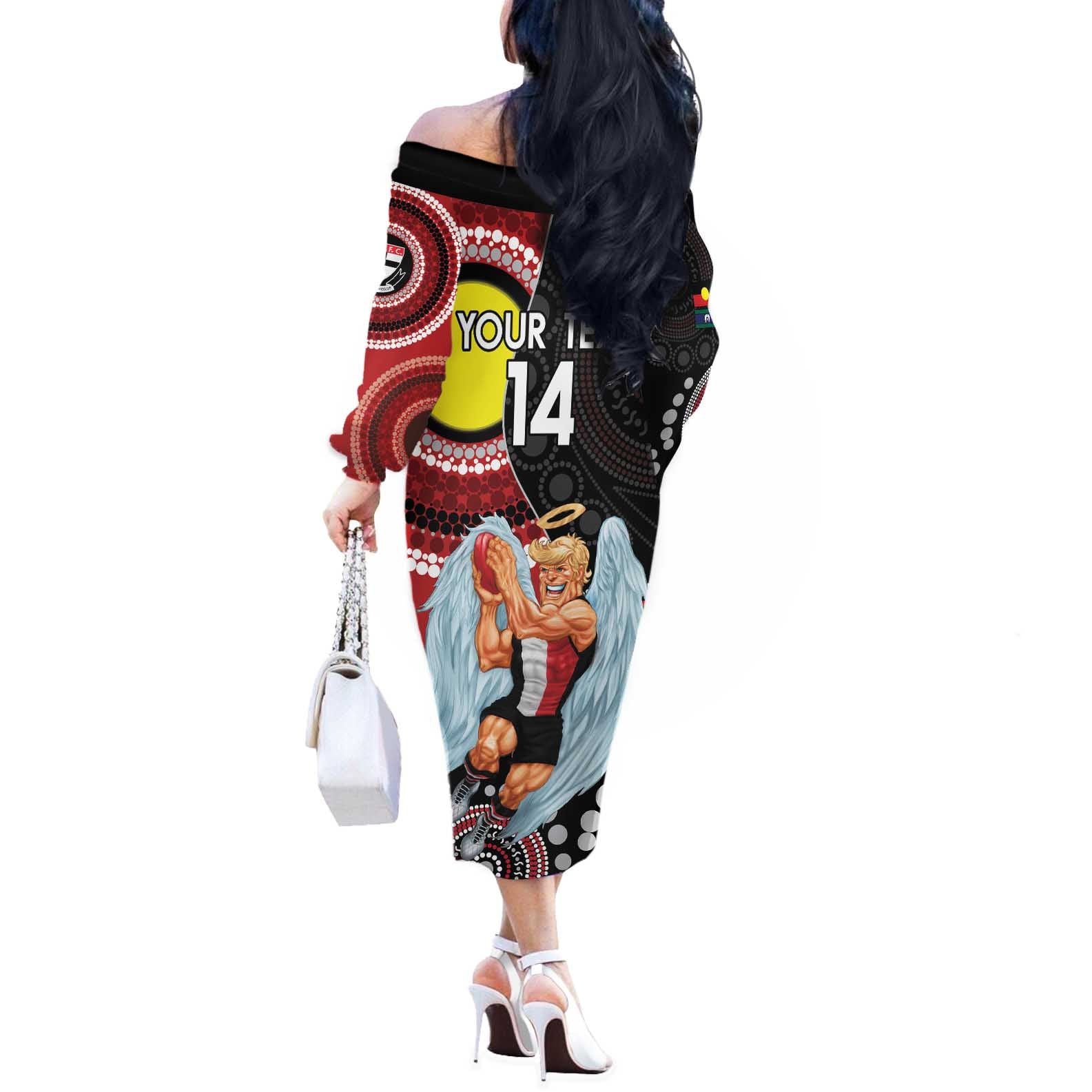 Custom AFL St Kilda NAIDOC Week Off The Shoulder Long Sleeve Dress Keep The Fire Burning Indigenous Art