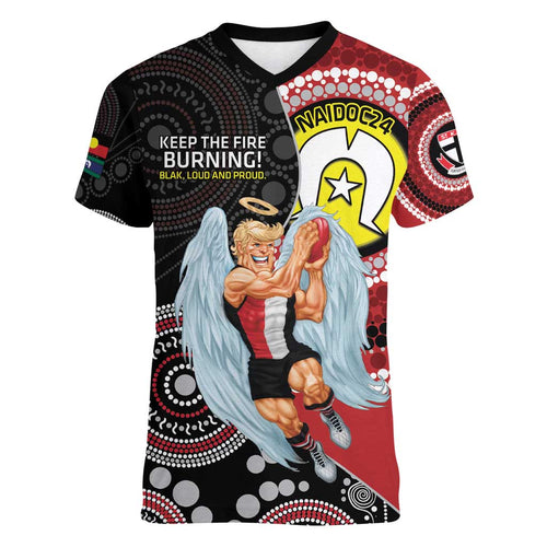 Custom AFL St Kilda NAIDOC Week Women V-Neck T-Shirt Keep The Fire Burning Indigenous Art