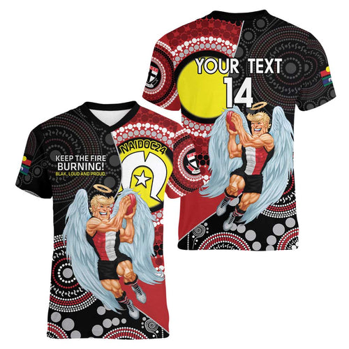 Custom AFL St Kilda NAIDOC Week Women V-Neck T-Shirt Keep The Fire Burning Indigenous Art