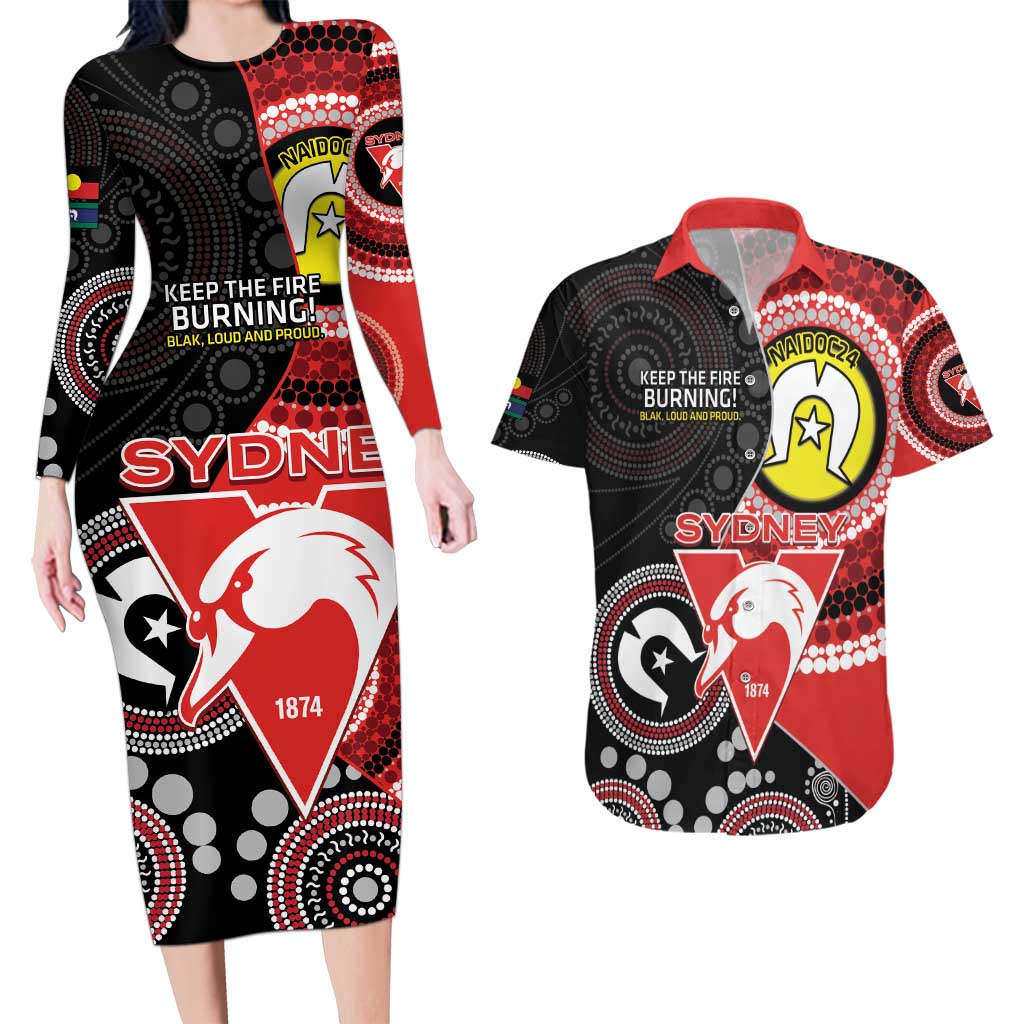Custom AFL Swans NAIDOC Week Couples Matching Long Sleeve Bodycon Dress and Hawaiian Shirt Keep The Fire Burning Indigenous Art