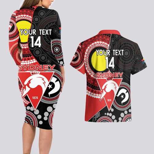 Custom AFL Swans NAIDOC Week Couples Matching Long Sleeve Bodycon Dress and Hawaiian Shirt Keep The Fire Burning Indigenous Art