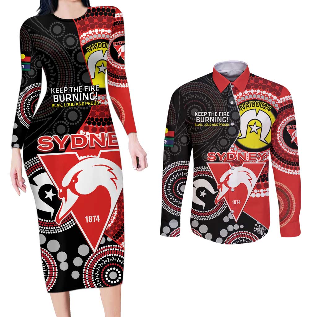 Custom AFL Swans NAIDOC Week Couples Matching Long Sleeve Bodycon Dress and Long Sleeve Button Shirt Keep The Fire Burning Indigenous Art