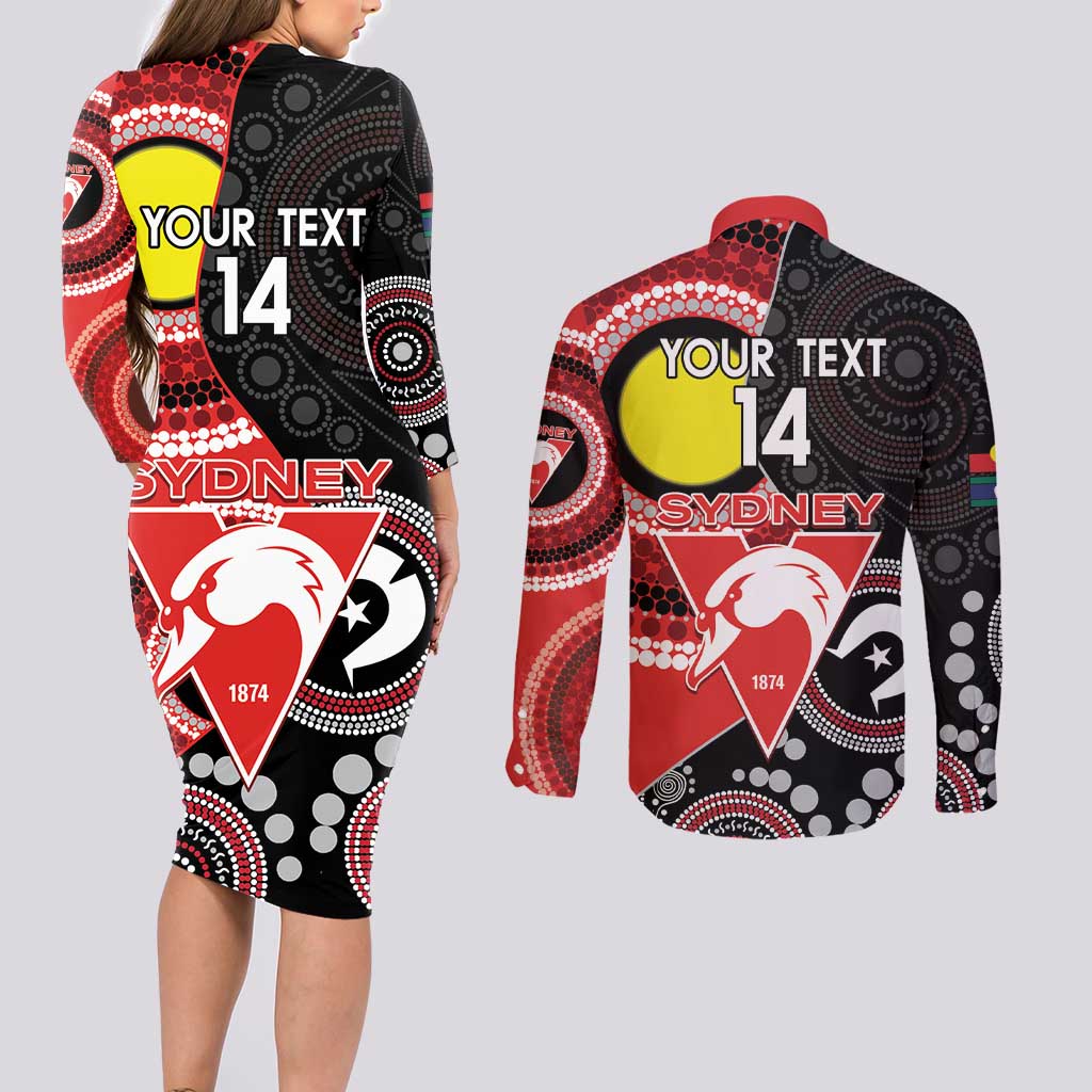 Custom AFL Swans NAIDOC Week Couples Matching Long Sleeve Bodycon Dress and Long Sleeve Button Shirt Keep The Fire Burning Indigenous Art
