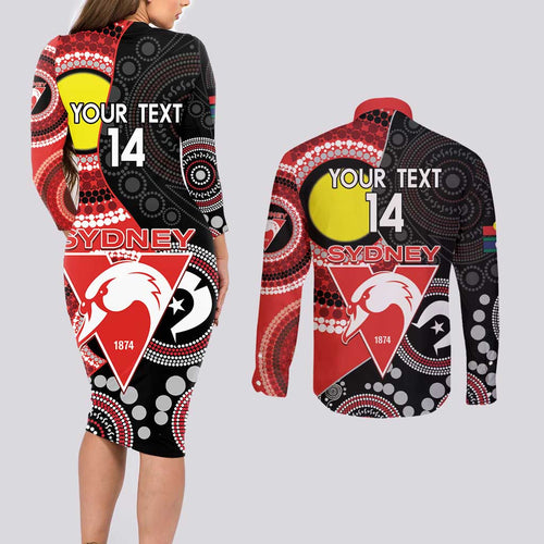 Custom AFL Swans NAIDOC Week Couples Matching Long Sleeve Bodycon Dress and Long Sleeve Button Shirt Keep The Fire Burning Indigenous Art
