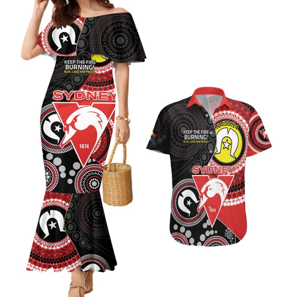 Custom AFL Swans NAIDOC Week Couples Matching Mermaid Dress and Hawaiian Shirt Keep The Fire Burning Indigenous Art