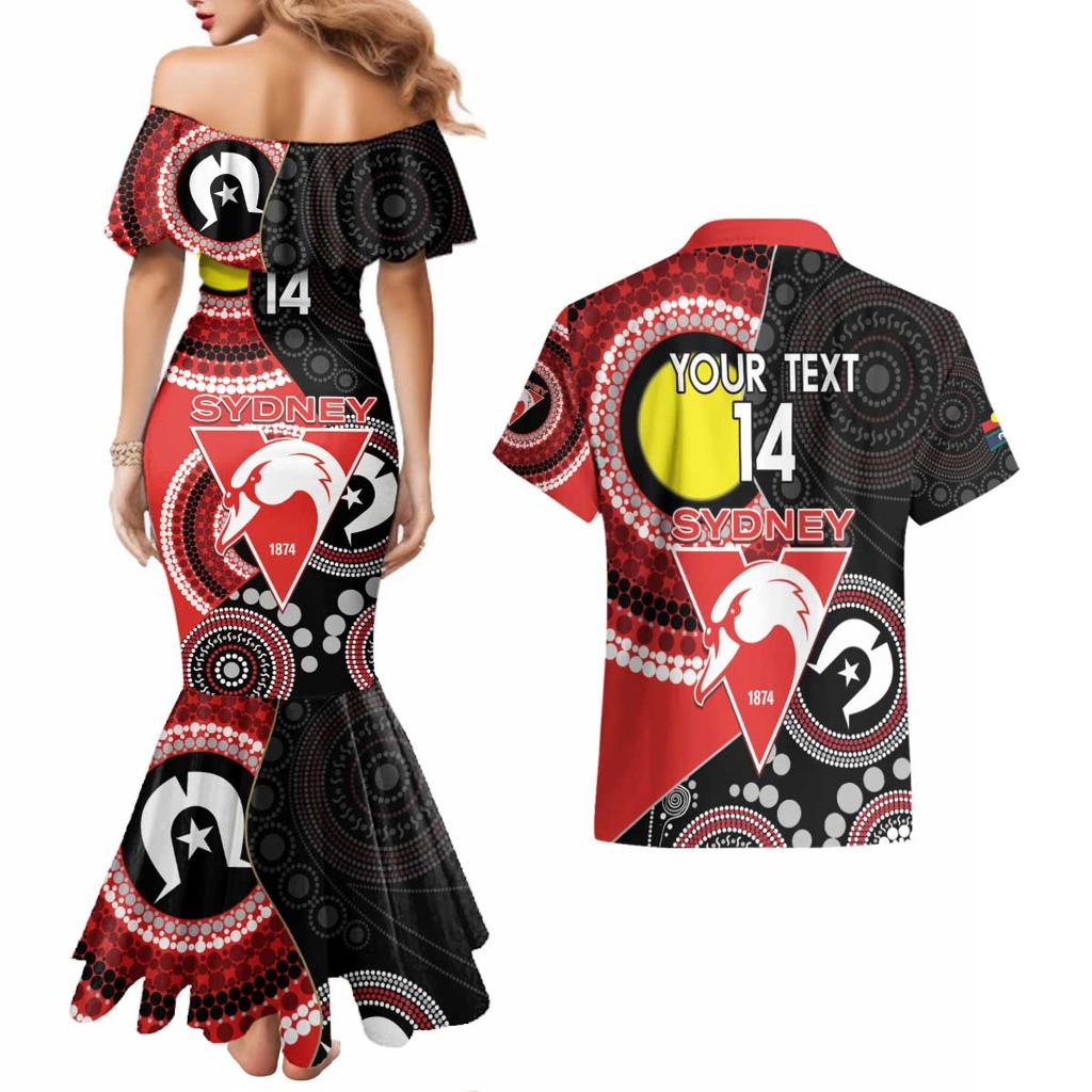 Custom AFL Swans NAIDOC Week Couples Matching Mermaid Dress and Hawaiian Shirt Keep The Fire Burning Indigenous Art