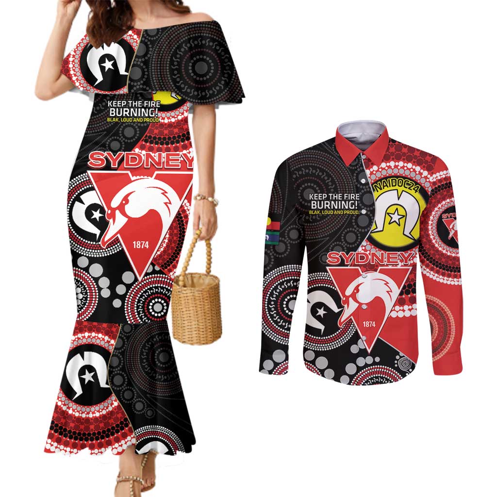 Custom AFL Swans NAIDOC Week Couples Matching Mermaid Dress and Long Sleeve Button Shirt Keep The Fire Burning Indigenous Art