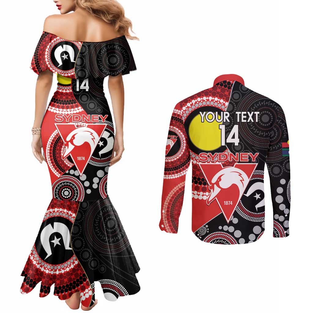 Custom AFL Swans NAIDOC Week Couples Matching Mermaid Dress and Long Sleeve Button Shirt Keep The Fire Burning Indigenous Art