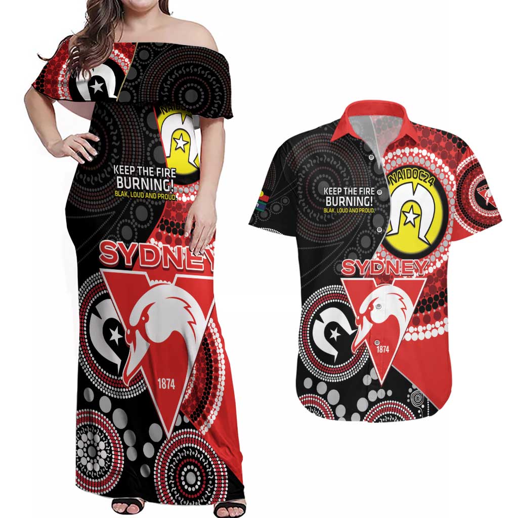 Custom AFL Swans NAIDOC Week Couples Matching Off Shoulder Maxi Dress and Hawaiian Shirt Keep The Fire Burning Indigenous Art