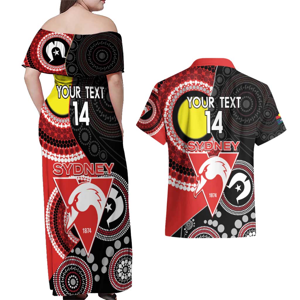 Custom AFL Swans NAIDOC Week Couples Matching Off Shoulder Maxi Dress and Hawaiian Shirt Keep The Fire Burning Indigenous Art