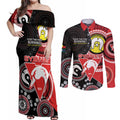 Custom AFL Swans NAIDOC Week Couples Matching Off Shoulder Maxi Dress and Long Sleeve Button Shirt Keep The Fire Burning Indigenous Art