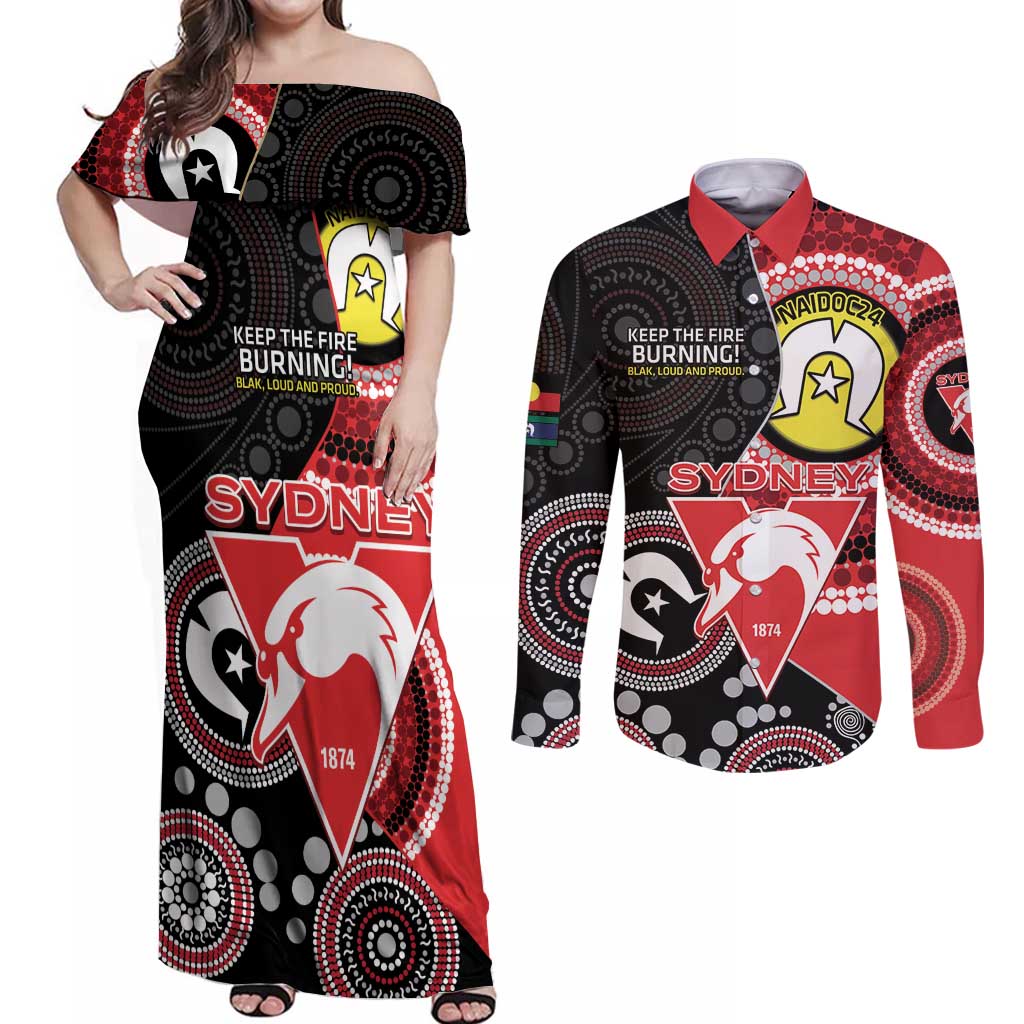 Custom AFL Swans NAIDOC Week Couples Matching Off Shoulder Maxi Dress and Long Sleeve Button Shirt Keep The Fire Burning Indigenous Art
