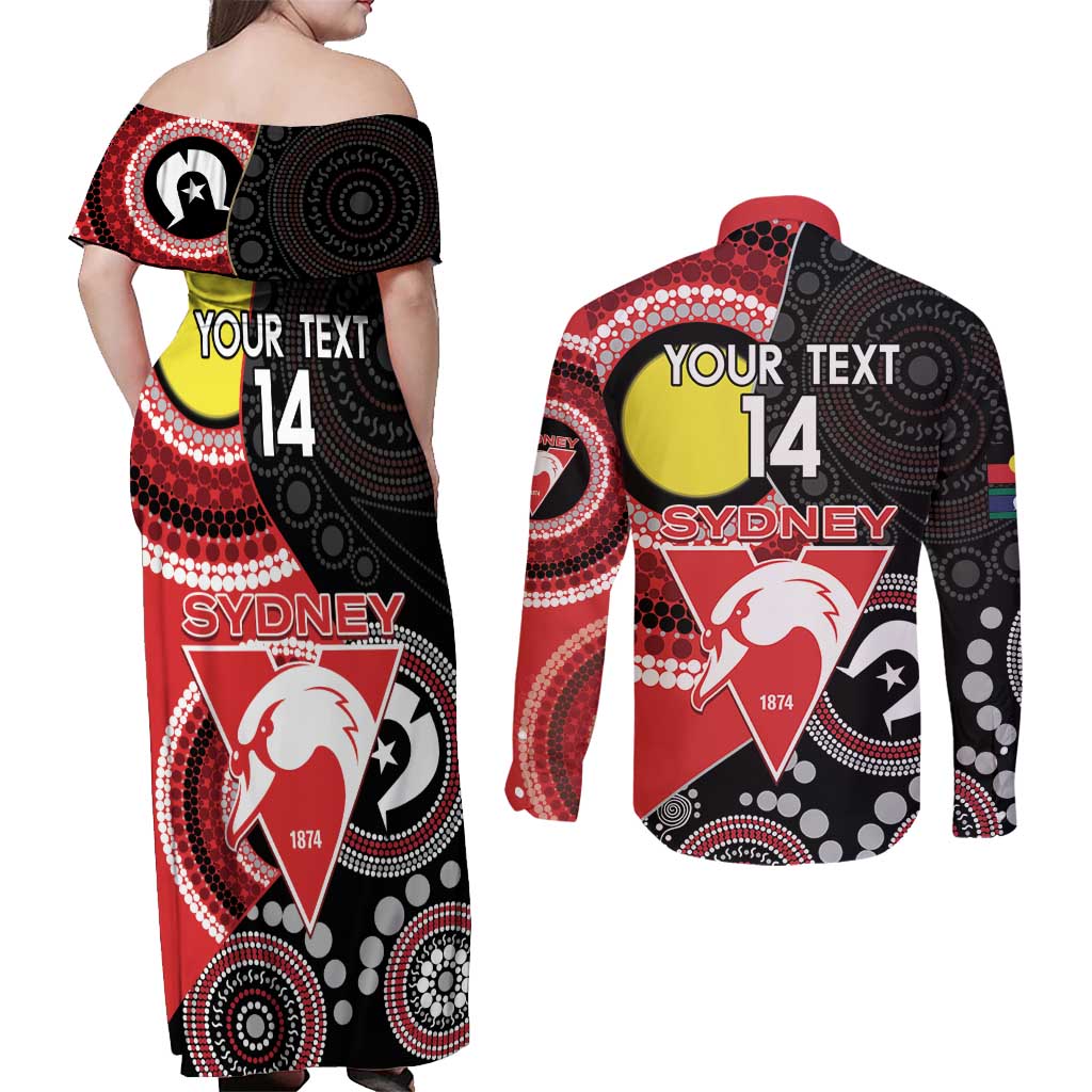 Custom AFL Swans NAIDOC Week Couples Matching Off Shoulder Maxi Dress and Long Sleeve Button Shirt Keep The Fire Burning Indigenous Art