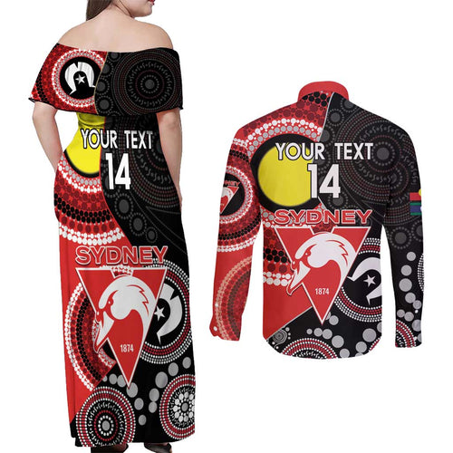 Custom AFL Swans NAIDOC Week Couples Matching Off Shoulder Maxi Dress and Long Sleeve Button Shirt Keep The Fire Burning Indigenous Art