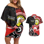 Custom AFL Swans NAIDOC Week Couples Matching Off Shoulder Short Dress and Hawaiian Shirt Keep The Fire Burning Indigenous Art