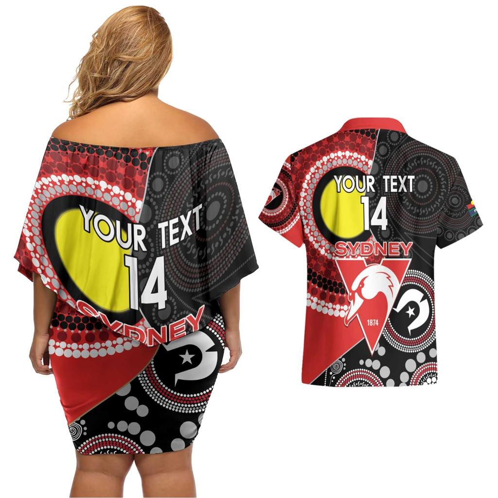 Custom AFL Swans NAIDOC Week Couples Matching Off Shoulder Short Dress and Hawaiian Shirt Keep The Fire Burning Indigenous Art