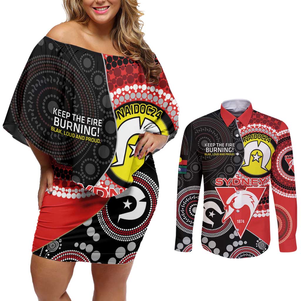 Custom AFL Swans NAIDOC Week Couples Matching Off Shoulder Short Dress and Long Sleeve Button Shirt Keep The Fire Burning Indigenous Art
