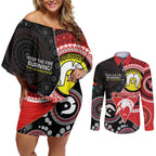 Custom AFL Swans NAIDOC Week Couples Matching Off Shoulder Short Dress and Long Sleeve Button Shirt Keep The Fire Burning Indigenous Art