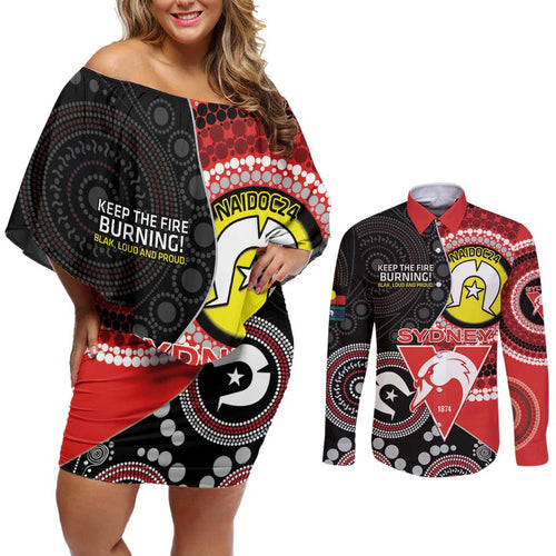 Custom AFL Swans NAIDOC Week Couples Matching Off Shoulder Short Dress and Long Sleeve Button Shirt Keep The Fire Burning Indigenous Art