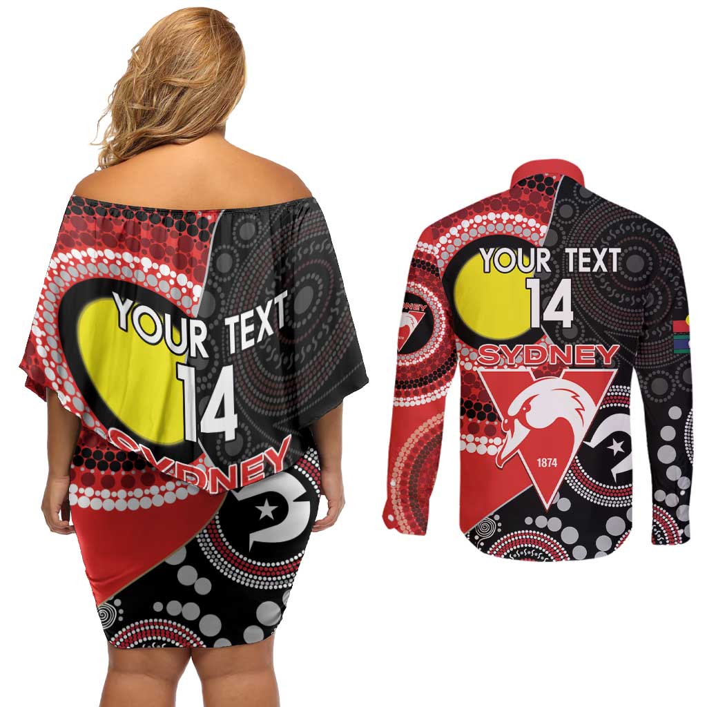 Custom AFL Swans NAIDOC Week Couples Matching Off Shoulder Short Dress and Long Sleeve Button Shirt Keep The Fire Burning Indigenous Art