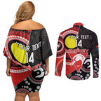 Custom AFL Swans NAIDOC Week Couples Matching Off Shoulder Short Dress and Long Sleeve Button Shirt Keep The Fire Burning Indigenous Art