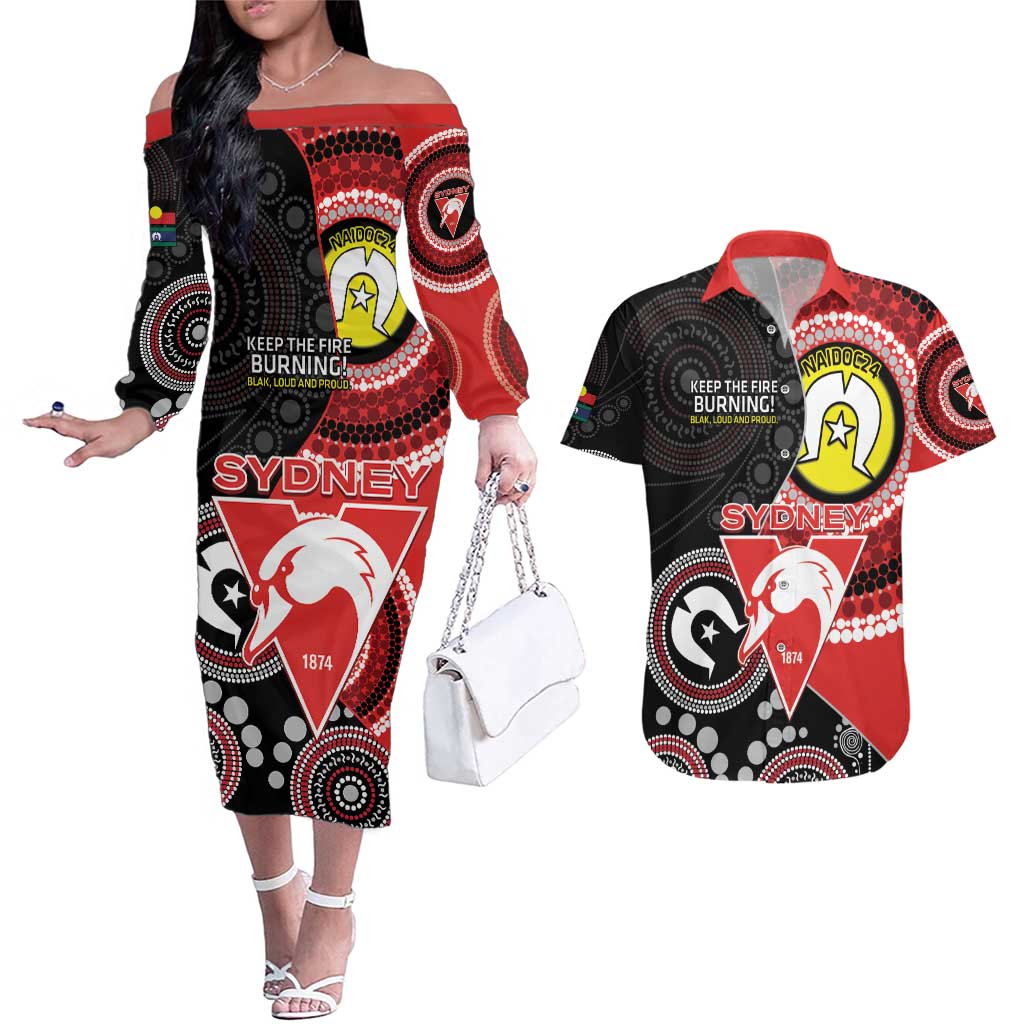 Custom AFL Swans NAIDOC Week Couples Matching Off The Shoulder Long Sleeve Dress and Hawaiian Shirt Keep The Fire Burning Indigenous Art