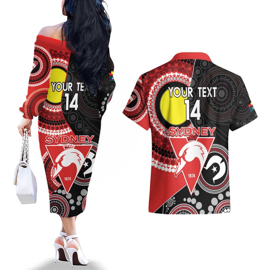 Custom AFL Swans NAIDOC Week Couples Matching Off The Shoulder Long Sleeve Dress and Hawaiian Shirt Keep The Fire Burning Indigenous Art