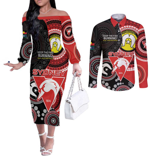 Custom AFL Swans NAIDOC Week Couples Matching Off The Shoulder Long Sleeve Dress and Long Sleeve Button Shirt Keep The Fire Burning Indigenous Art