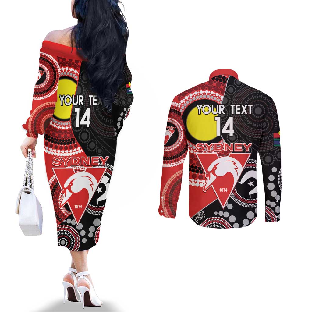 Custom AFL Swans NAIDOC Week Couples Matching Off The Shoulder Long Sleeve Dress and Long Sleeve Button Shirt Keep The Fire Burning Indigenous Art