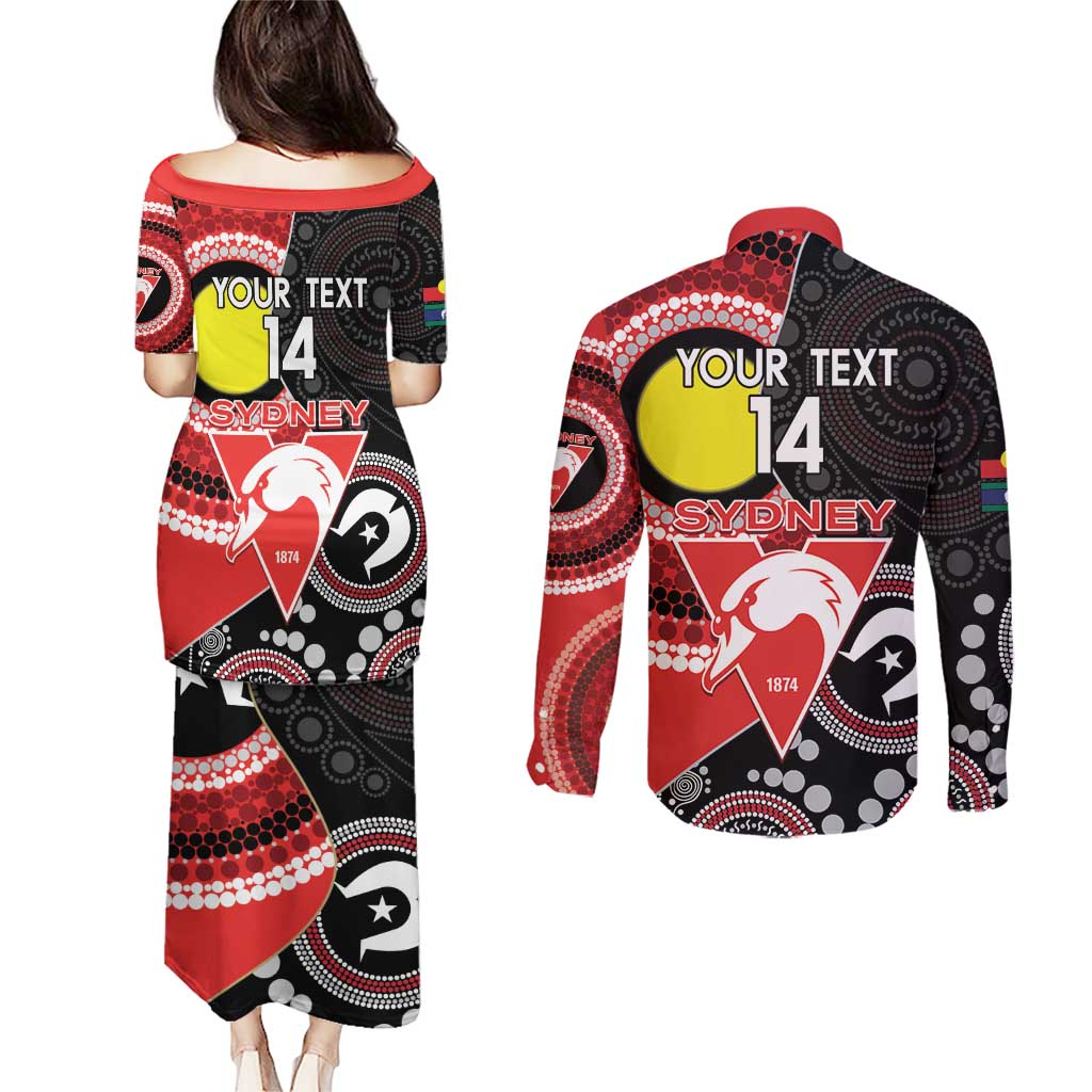 Custom AFL Swans NAIDOC Week Couples Matching Puletasi and Long Sleeve Button Shirt Keep The Fire Burning Indigenous Art