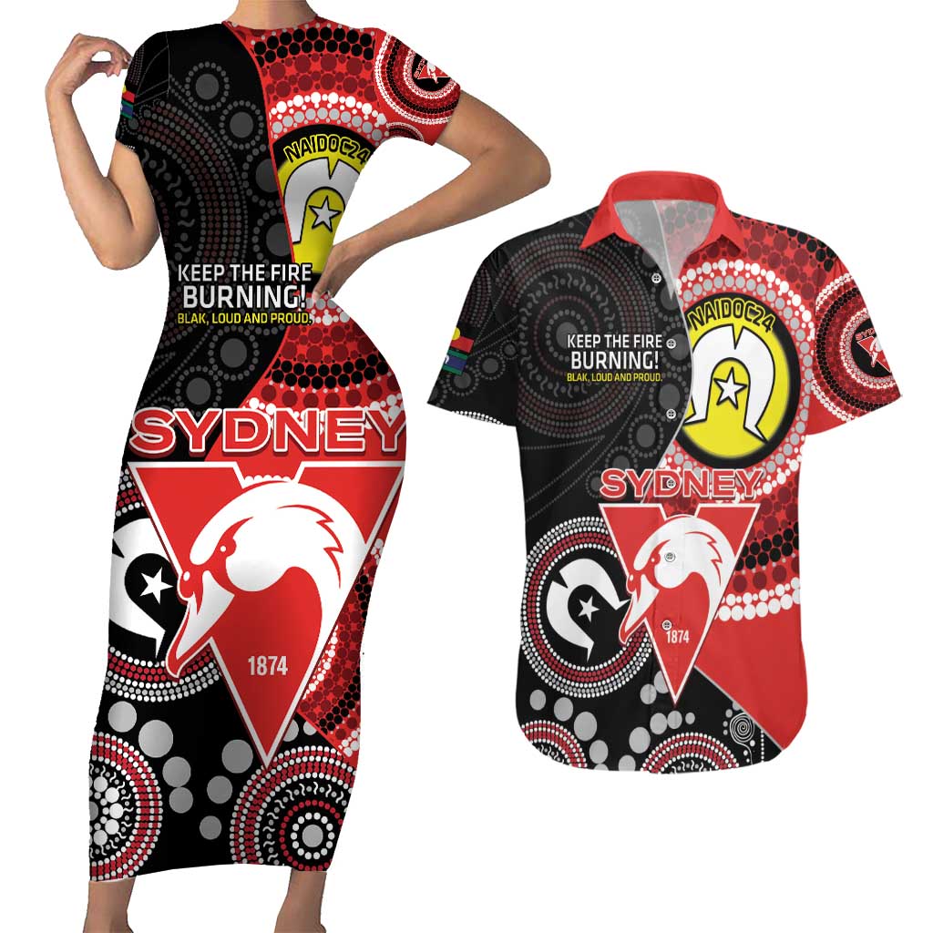 Custom AFL Swans NAIDOC Week Couples Matching Short Sleeve Bodycon Dress and Hawaiian Shirt Keep The Fire Burning Indigenous Art