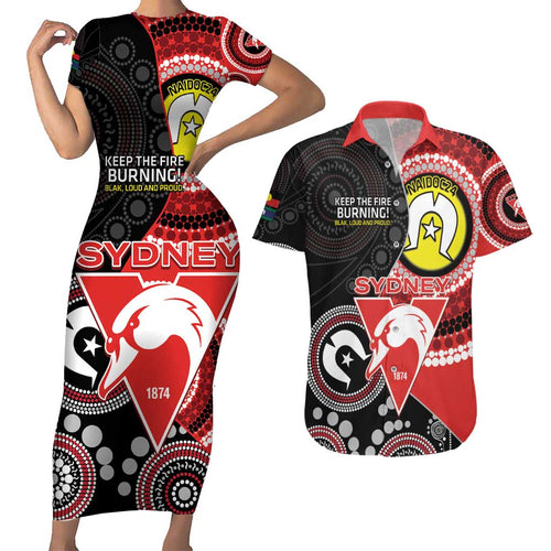 Custom AFL Swans NAIDOC Week Couples Matching Short Sleeve Bodycon Dress and Hawaiian Shirt Keep The Fire Burning Indigenous Art