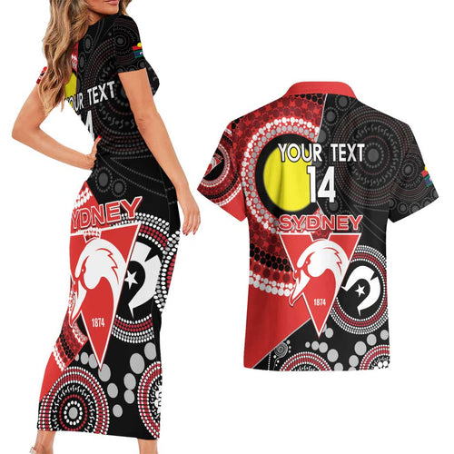 Custom AFL Swans NAIDOC Week Couples Matching Short Sleeve Bodycon Dress and Hawaiian Shirt Keep The Fire Burning Indigenous Art